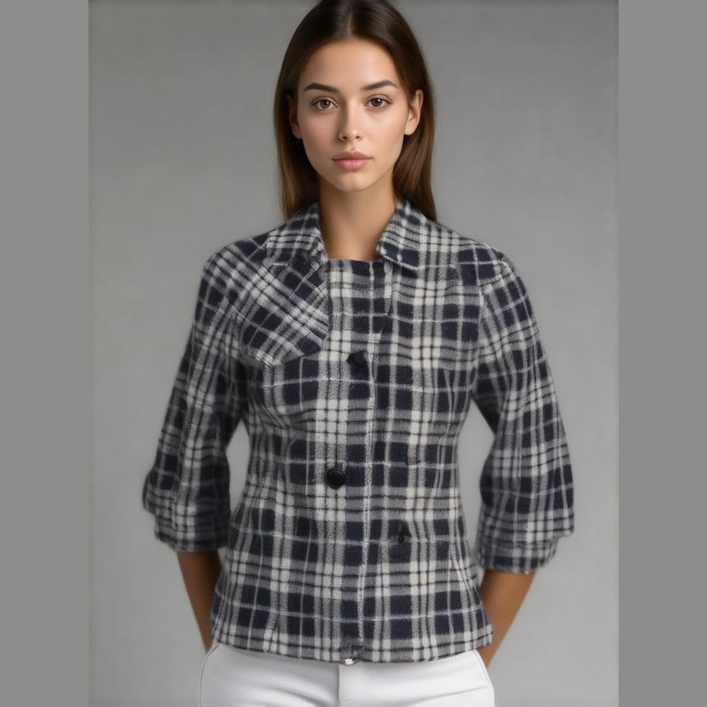 - - Black And White Retro  vintage  Plaid Hounds Tooth Retro Jacket
